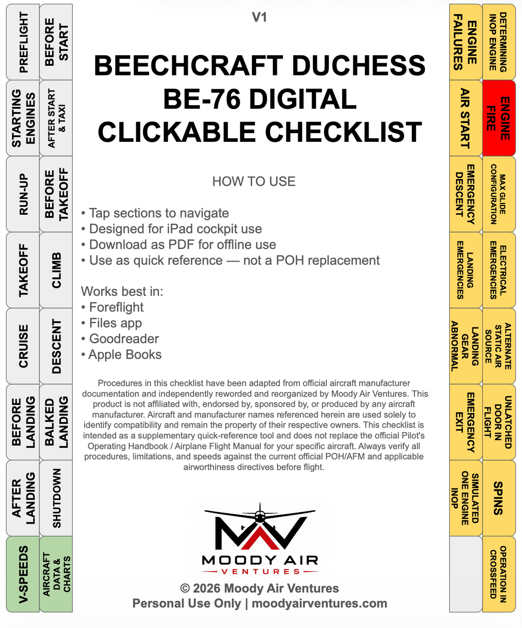 BEECHCRAFT DUCHESS BE-76 DIGITAL CLICKABLE CHECKLIST