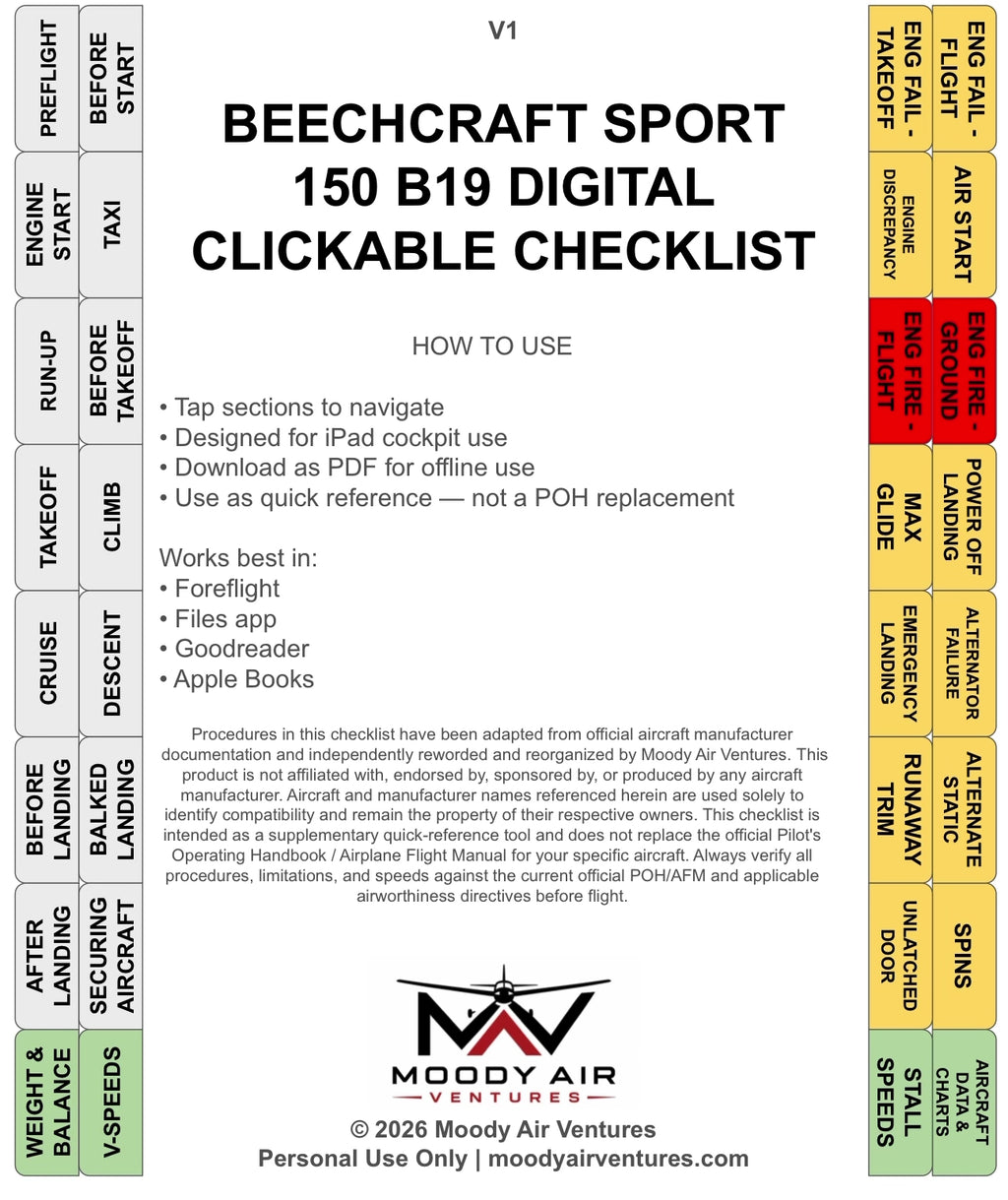 BEECHCRAFT SPORT 150 B19 DIGITAL CLICKABLE CHECKLIST