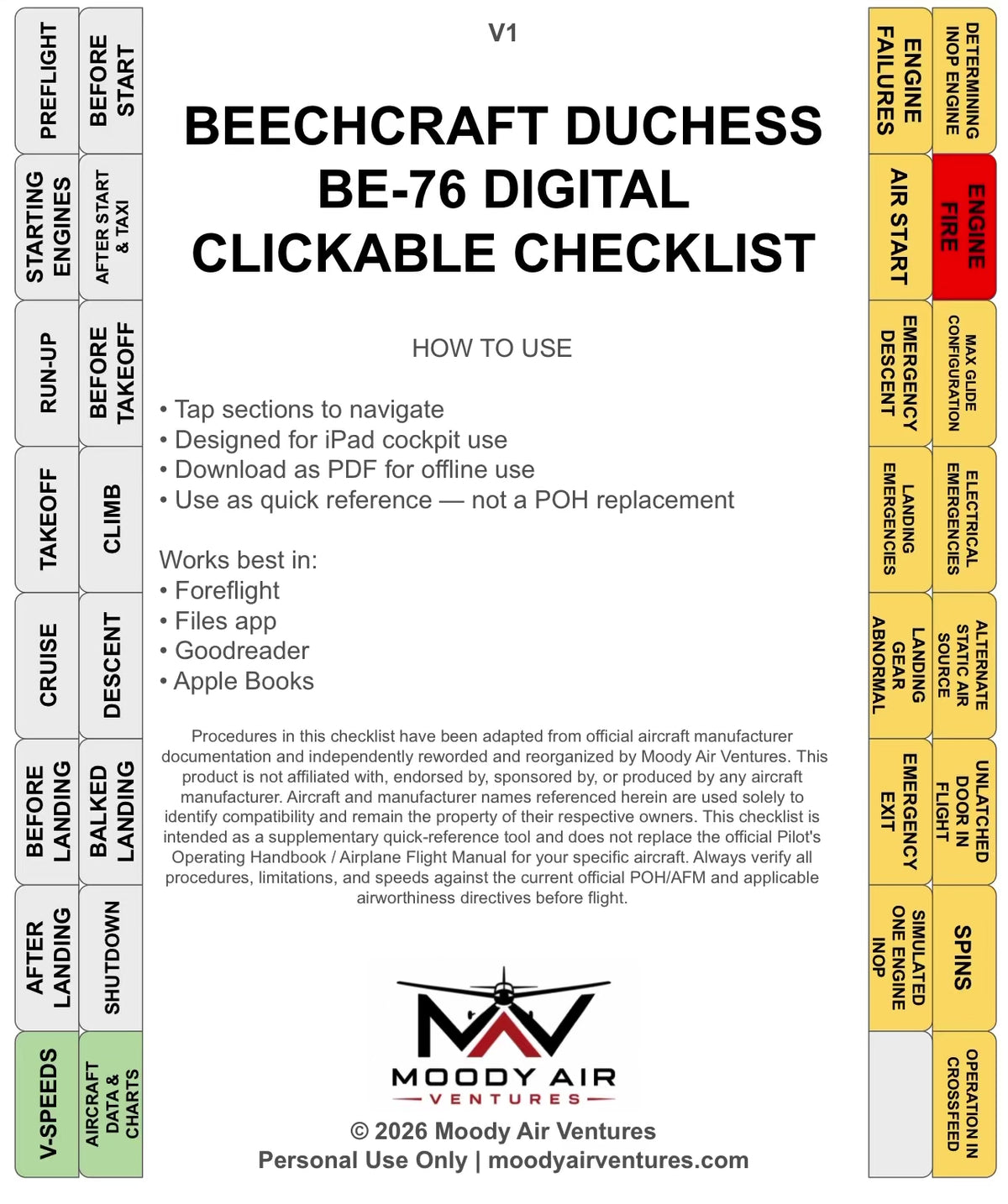 BEECHCRAFT DUCHESS BE-76 DIGITAL CLICKABLE CHECKLIST